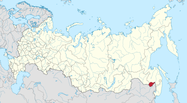 Mapa de Rusia con el Oblast Autónomo Hebreo resaltado en rojo